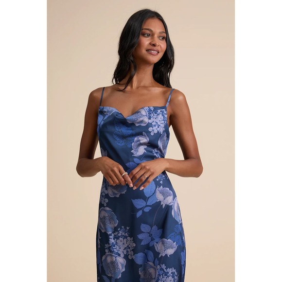 Lulus Favorite Icon Dark Blue Floral Satin Cowl Neck Slip Midi Dress Size XL - Picture 2 of 4
